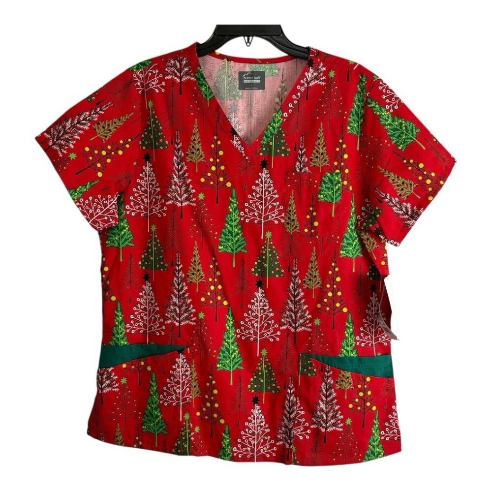 Butter Soft  Womens Scrub Top Large Red Christmas Tree V Neck Pockets NEW